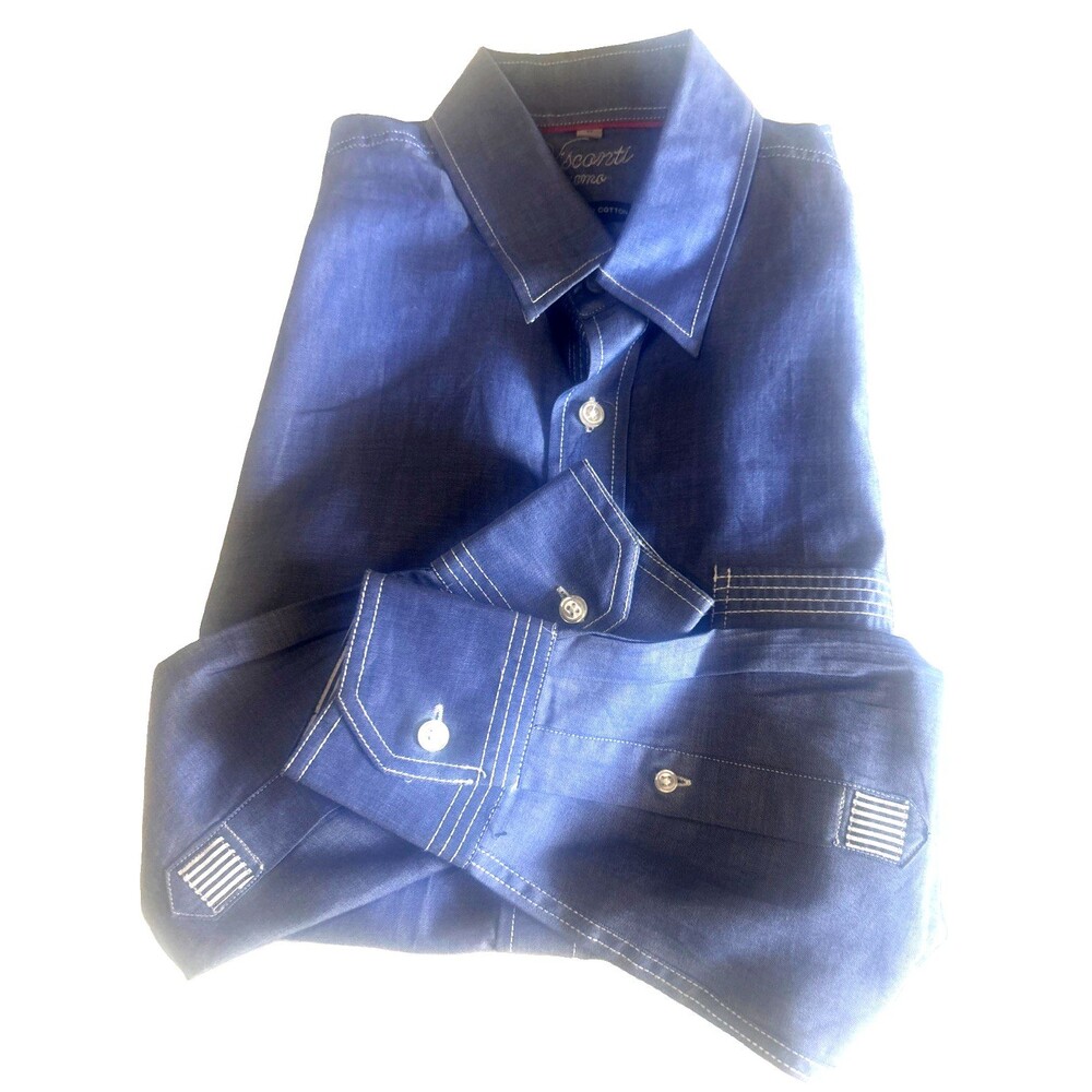 Visconti Uomo 2 Ply Mercerized Cotton  Mens M  Dress Shirt Blue Button Up Stich